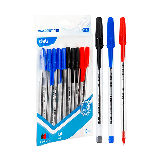 Deli Q4-MT Bolígrafo azul/rojo/negro 1.0mm bolsa c/10 pzas