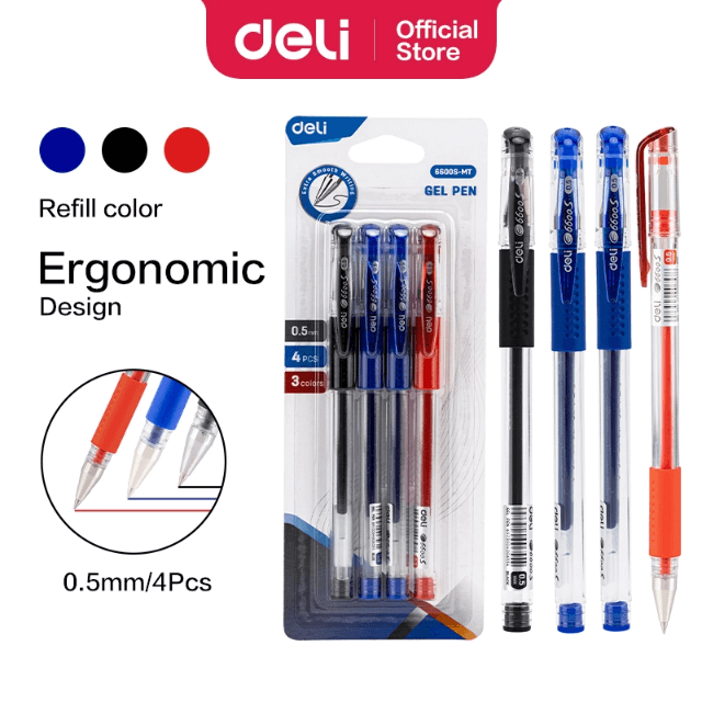 Deli 6600S-MT Bolígrafo de gel azul/rojo/negro 0.5mm blister c/4 pzas