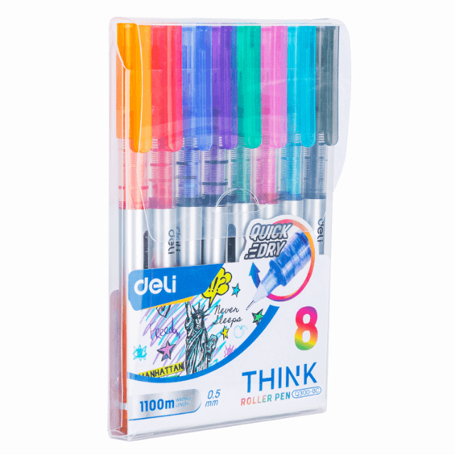 Deli Q300-8C Bolígrafo Roller colores surtidos 0.5mm blister c/8 pzas