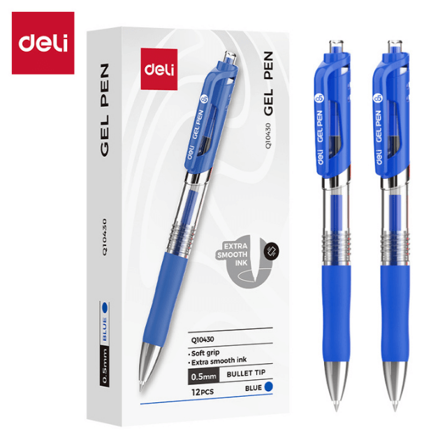 Deli Q10430 Bolígrafo retráctil de gel azul 0.5mm caja c/12 pzas