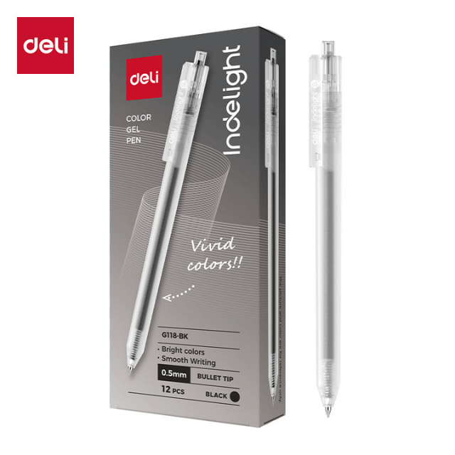 Deli G118-BK Bolígrafo retráctil de gel negro 0.5mm caja c/12 pzas