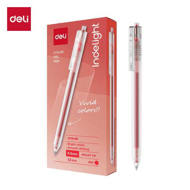 Deli G118-RD Bolígrafo retráctil de gel rojo 0.5mm caja c/12 pzas