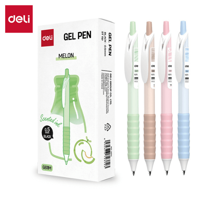 Deli G611M Bolígrafo retráctil de gel con escencia melón tinta negra 0.5mm caja c/12 pzas