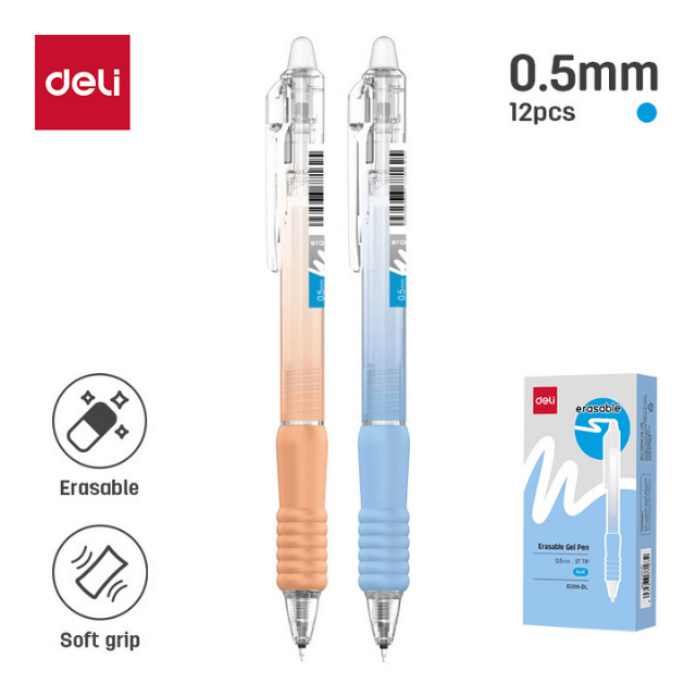 Deli G309-BK Bolígrafo retráctil de gel borrable azul 0.5mm caja c/12 pzas