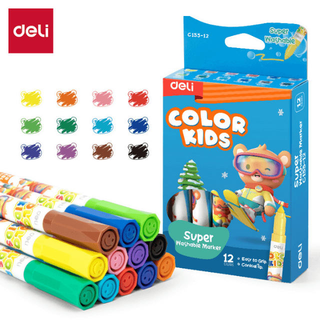 Deli C155-12  Plumones lavables punta cónica 12 colores inner c/12 cajas