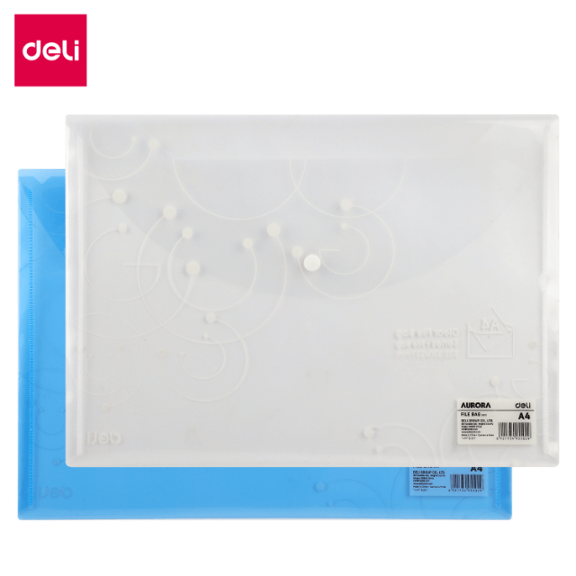 Deli 5502 Sobre de plástico azul/blanco transparente con broche A4 caja c/10 pzas