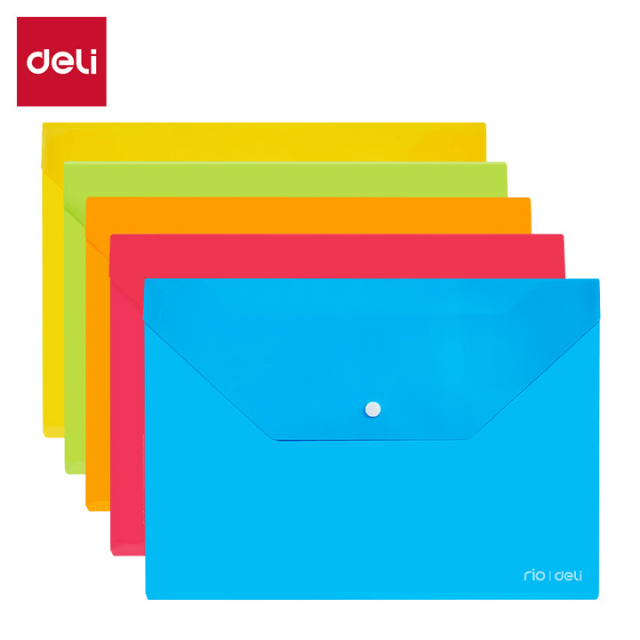 Deli 38131 Sobre de plástico colores surtidos con broche A4 caja c/10 pzas