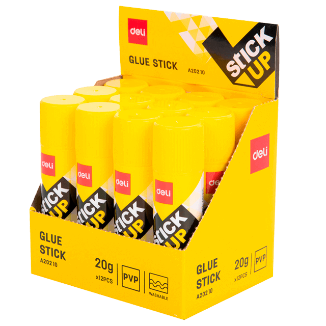 Deli A20210-LA Lápiz adhesivo envase amarillo 20g caja exhibidora c/12 pzas
