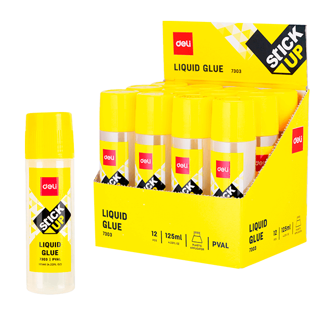 Deli 7303 Pegamento líquido transparente 125ml caja exhibidora c/12 pzas