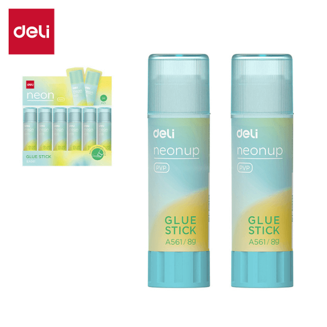 Deli A561 Lápiz adhesivo blanco envase azul/amarillo 8g caja exhibidora c/24 pzas