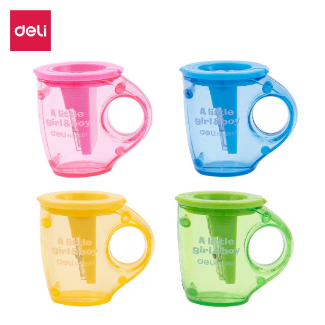 Deli 0551 Sacapuntas taza frutal colores surtidos doble con depósito caja exhibidora c/12 pzas