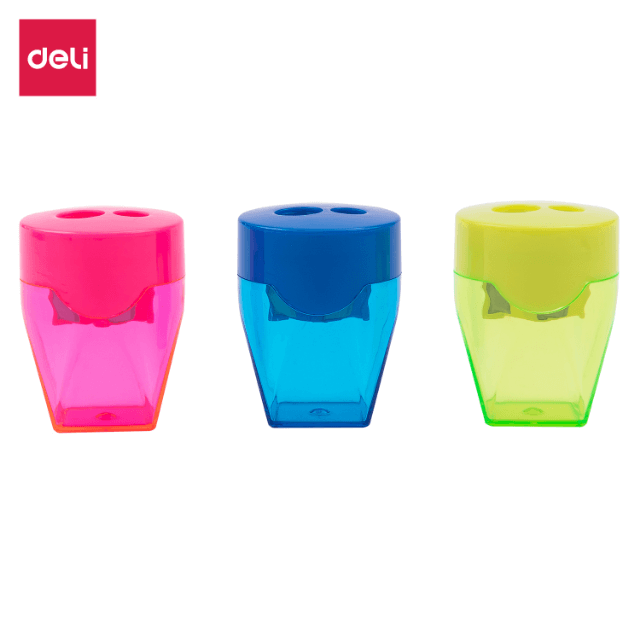 Deli 39768 Sacapuntas doble con deposito azul/rosa/amarillo caja c/12 pzas