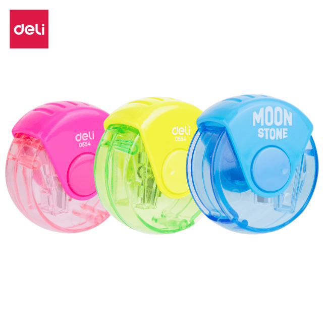 Deli 0554 Sacapuntas circular azul/rosa/amarillo sencillo con depósito forma rueda caja c/12 pzas