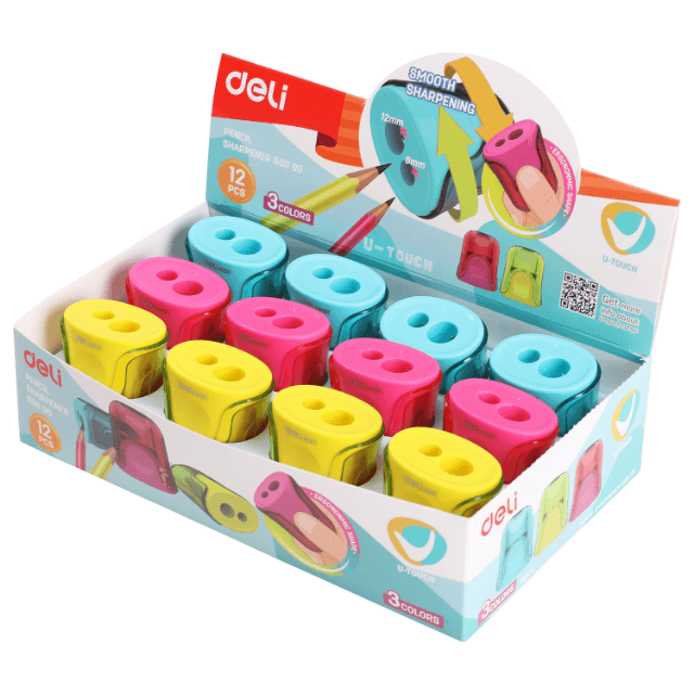 Deli R01100 Sacapuntas doble con deposito azul/rosa/amarillo caja c/12 pzas