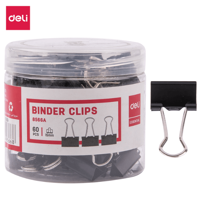 Deli 8566A Sujetadocumentos negro 15mm bote c/60 pzas