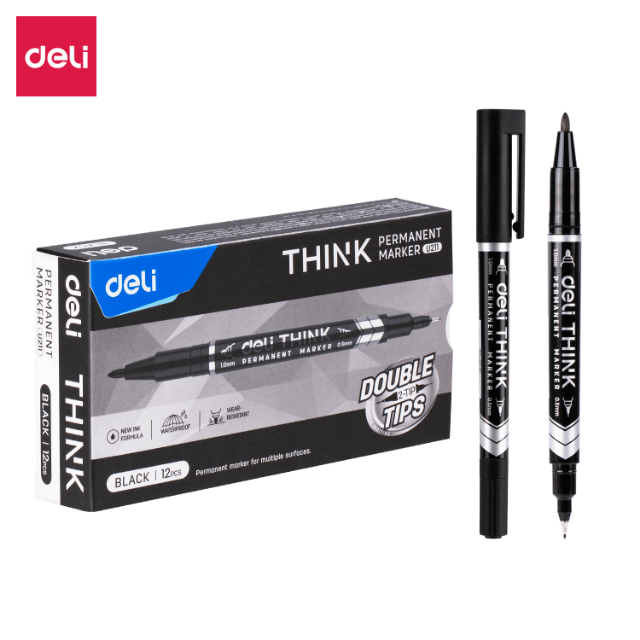Deli U211-BK Marcador permanente negro doble punta 1.0mm/0.5mm caja c/12 pzas