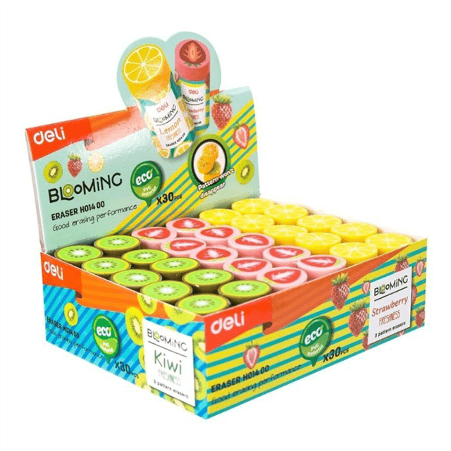 Deli H01400 Borrador de frutas  caja exhibidora c/30 pzas