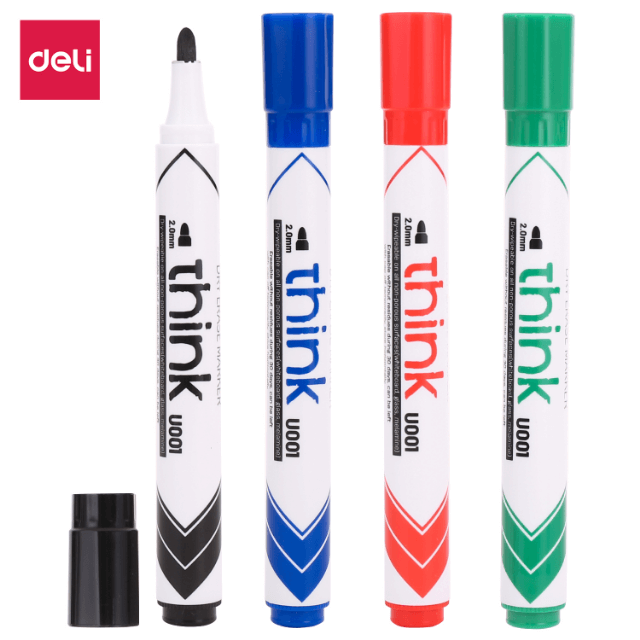 Deli U00101 Marcador pizarrón blanco punta bala azul/rojo/negro/verde blister c/4 pzas