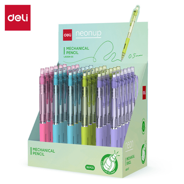 Deli U600N-05 Lapicero mecánico con brillos colores surtidos traslucidos 0.5mm caja exhi. c/36 pzas