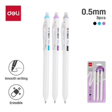Deli G160-3AS Bolígrafo retráctil de gel borrable negro/azul/morado 0.5mm blister c/3 pzas