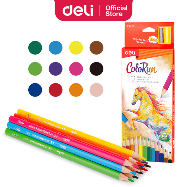 Deli C132-12 Lápices de colores triangulares largos caja c/12 pzas