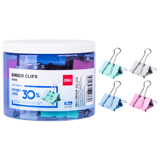 Deli 8551S Sujetadocumentos colores pasteles 50mm bote c/12 pzas