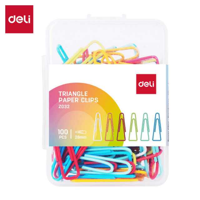 Deli Z032 Clip triangular colores surtidos con 100 pzas inner c/10 cajas