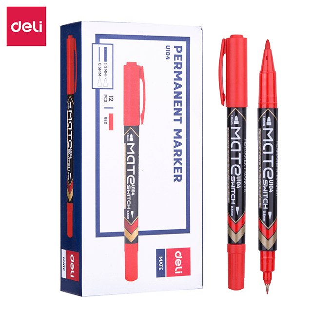 Deli U10440 Marcador permanente rojo doble punta 1.0mm/0.5mm caja c/12 pzas