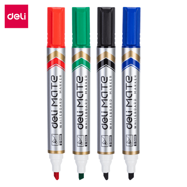 Deli U00403 Marcador pizarrón blanco punta cincel azul/rojo/negro/verde blister c/4 pzas