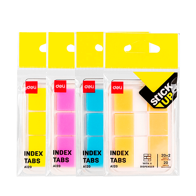 Deli A120 Pestañas adhesivas doble bloque colores surtidos 2x20 hojas caja c/24 pzas