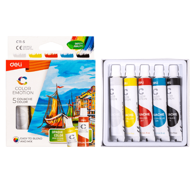 Deli C11-5 Pintura tempera-Gouache en tubo 5 colores caja c/5 pzas