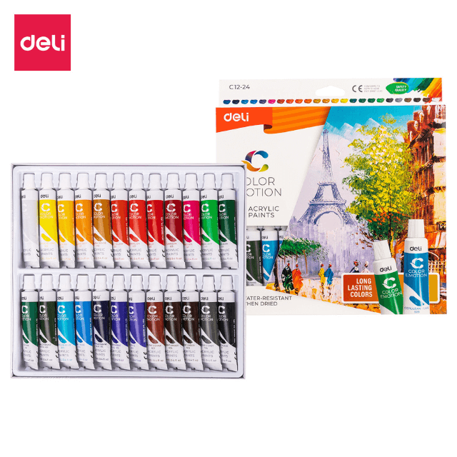 Deli C12-24 Pintura acrílica en tubo 24 colores caja c/24 pzas