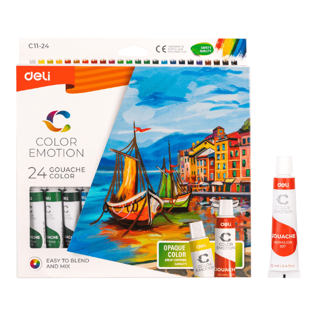 Deli C11-24 Pintura tempera-Gouache en tubo 24 colores caja c/24 pzas