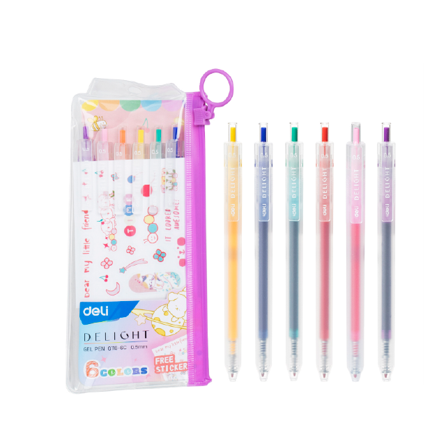 Deli G118-6C Bolígrafo retráctil de gel colores surtidos con stickers 0.5mm estuche c/6 pzas