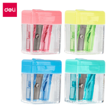 Deli 0574 Sacapuntas colores surtidos sencillo con deposito transparente caja exhibidora c/72 pzas