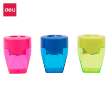 Deli 39768 Sacapuntas doble con deposito azul/rosa/amarillo caja c/12 pzas