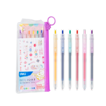 Deli G118-6C Bolígrafo retráctil de gel colores surtidos con stickers 0.5mm estuche c/6 pzas